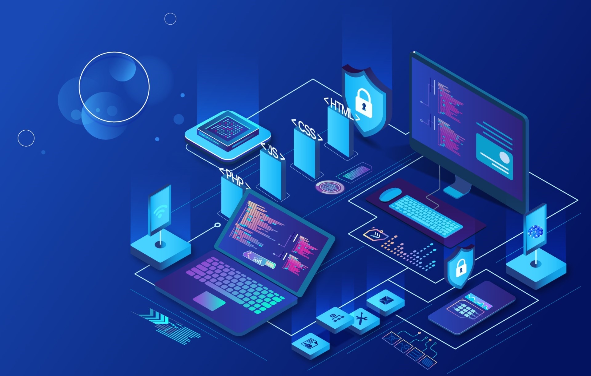 Developer coding on futuristic digital screen